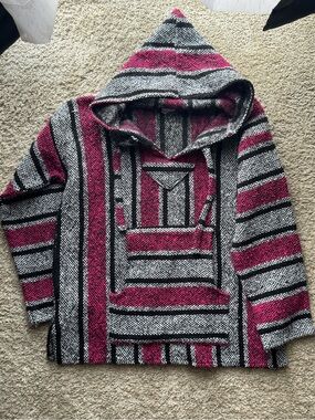 EMISA Baja Hoodie Pink Black Gray Striped Pullover Size Medium